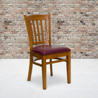 Flash Furniture Hercules Series Cherry Finished Vertical Slat Back Wooden Restaurant Chair with Burgundy Vinyl Seat XU-DGW0008VRT-CHY-BURV-GG